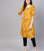 Myshka Women's Yellow Crepe Printed Half Sleeve V - Neck Casual Kurta
