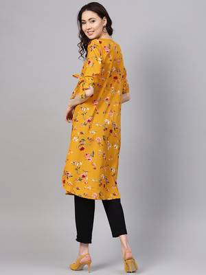 Myshka Women's Yellow Crepe Printed Half Sleeve V - Neck Casual Kurta 2