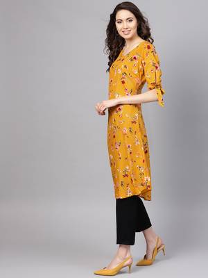 Myshka Women's Yellow Crepe Printed Half Sleeve V - Neck Casual Kurta 3