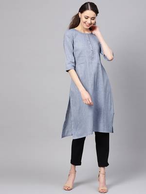 Myshka Women's Grey Cotton Printed 3/4 Sleeve Round Neck Casual Kurta 1