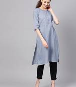 Myshka Women's Grey Cotton Printed 3/4 Sleeve Round Neck Casual Kurta
