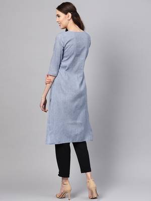 Myshka Women's Grey Cotton Printed 3/4 Sleeve Round Neck Casual Kurta 2