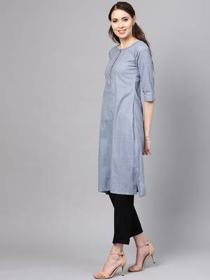 Myshka Women's Grey Cotton Printed 3/4 Sleeve Round Neck Casual Kurta 3
