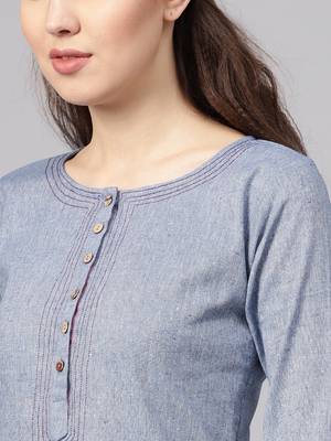 Myshka Women's Grey Cotton Printed 3/4 Sleeve Round Neck Casual Kurta 4