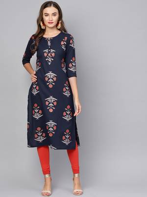 Myshka Women's Black Cotton Printed Half Sleeve Round Neck Casual Kurta 1