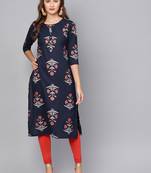 Myshka Women's Black Cotton Printed Half Sleeve Round Neck Casual Kurta
