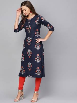 Myshka Women's Black Cotton Printed Half Sleeve Round Neck Casual Kurta 3