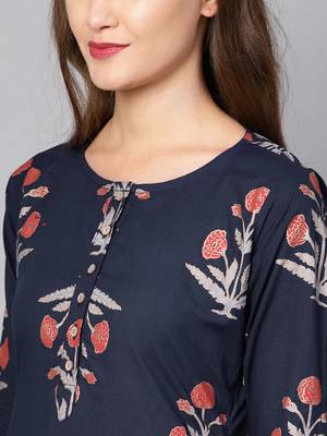 Myshka Women's Black Cotton Printed Half Sleeve Round Neck Casual Kurta 4