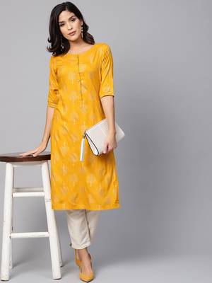 Myshka Women's Yellow Rayon Solid Half Sleeve Round Neck Casual Kurta 1
