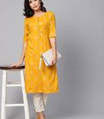 Myshka Women's Yellow Rayon Solid Half Sleeve Round Neck Casual Kurta