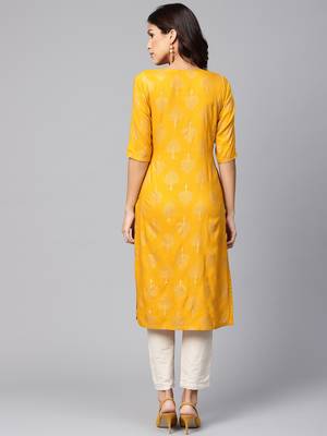 Myshka Women's Yellow Rayon Solid Half Sleeve Round Neck Casual Kurta 2