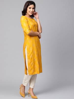 Myshka Women's Yellow Rayon Solid Half Sleeve Round Neck Casual Kurta 3