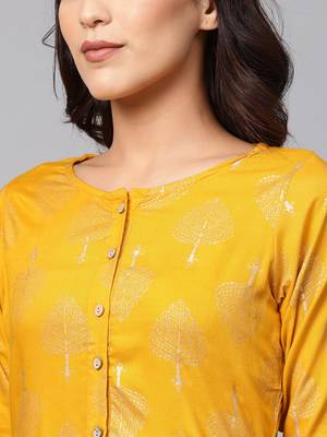 Myshka Women's Yellow Rayon Solid Half Sleeve Round Neck Casual Kurta 4