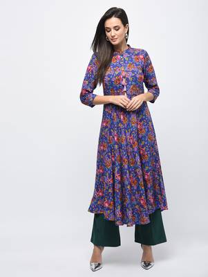 Myshka Women's Multicolor Rayon Printed Regular Sleeves Collared Neck Casual Kurta 1
