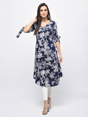 Myshka Women's Blue Polyester Printed Regular Sleeves V - Neck Casual Kurta 1