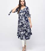 Myshka Women's Blue Polyester Printed Regular Sleeves V - Neck Casual Kurta