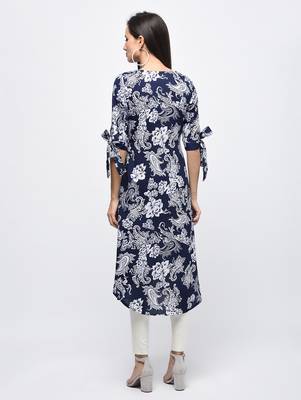 Myshka Women's Blue Polyester Printed Regular Sleeves V - Neck Casual Kurta 2