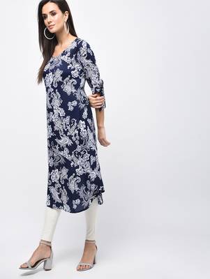 Myshka Women's Blue Polyester Printed Regular Sleeves V - Neck Casual Kurta 3