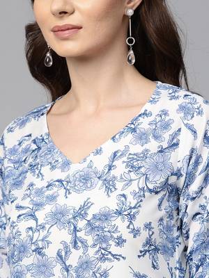 Myshka Women's Blue Polyester Printed Regular Sleeves V - Neck Casual Kurta 4