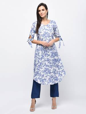 Myshka Women's Light Blue Polyester Printed Regular Sleeves V - Neck Casual Kurta 1