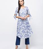 Myshka Women's Light Blue Polyester Printed Regular Sleeves V - Neck Casual Kurta