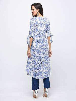 Myshka Women's Light Blue Polyester Printed Regular Sleeves V - Neck Casual Kurta 2