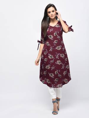 Myshka Women's Maroon Polyester Printed Regular Sleeves V - Neck Casual Kurta 1