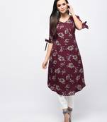 Myshka Women's Maroon Polyester Printed Regular Sleeves V - Neck Casual Kurta