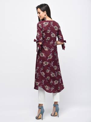 Myshka Women's Maroon Polyester Printed Regular Sleeves V - Neck Casual Kurta 2