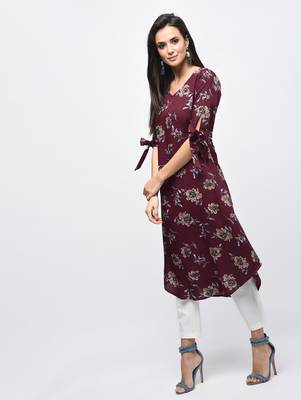 Myshka Women's Maroon Polyester Printed Regular Sleeves V - Neck Casual Kurta 4
