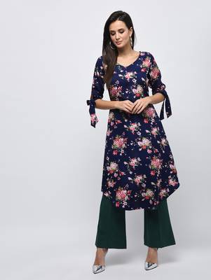 Myshka Women's Dark Blue Polyester Printed Regular Sleeves V - Neck Casual Kurta 1