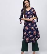 Myshka Women's Dark Blue Polyester Printed Regular Sleeves V - Neck Casual Kurta