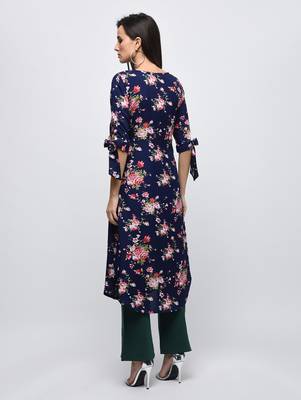 Myshka Women's Dark Blue Polyester Printed Regular Sleeves V - Neck Casual Kurta 2