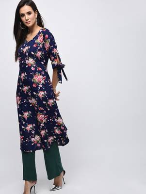Myshka Women's Dark Blue Polyester Printed Regular Sleeves V - Neck Casual Kurta 3