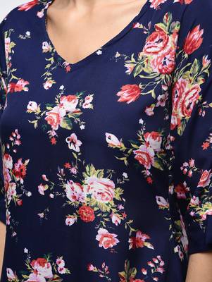 Myshka Women's Dark Blue Polyester Printed Regular Sleeves V - Neck Casual Kurta 4