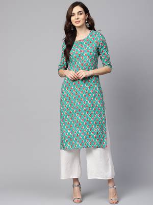 Myshka Women's Green Rayon Printed Regular Sleeves Round Neck Casual Kurta 1