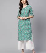 Myshka Women's Green Rayon Printed Regular Sleeves Round Neck Casual Kurta
