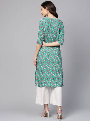 Myshka Women's Green Rayon Printed Regular Sleeves Round Neck Casual Kurta 2