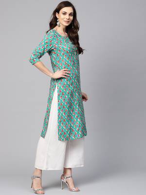 Myshka Women's Green Rayon Printed Regular Sleeves Round Neck Casual Kurta 3