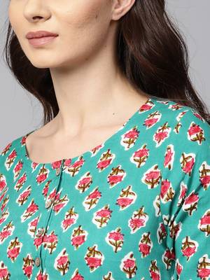 Myshka Women's Green Rayon Printed Regular Sleeves Round Neck Casual Kurta 4