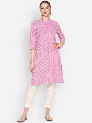 Myshka Women's Pink Cotton Printed Half Sleeve Round Neck Casual Kurta 1