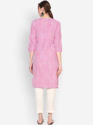 Myshka Women's Pink Cotton Printed Half Sleeve Round Neck Casual Kurta 2
