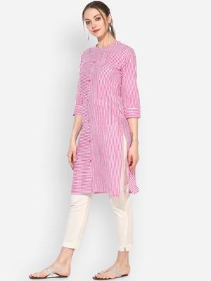 Myshka Women's Pink Cotton Printed Half Sleeve Round Neck Casual Kurta 3