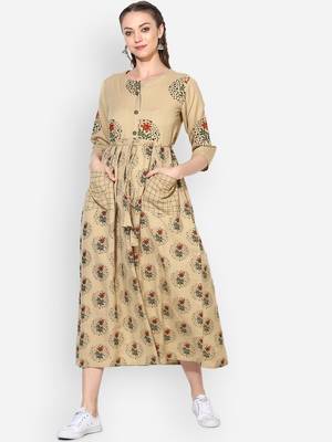Myshka Women's White Cotton Printed Half Sleeve Round Neck Casual Kurta 1