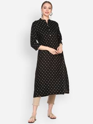 Myshka Women's Black Rayon Printed Half Sleeve Round Neck Casual Kurta 1