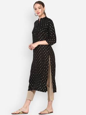 Myshka Women's Black Rayon Printed Half Sleeve Round Neck Casual Kurta 3