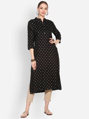 Myshka Women's Black Rayon Printed Half Sleeve Round Neck Casual Kurta 4
