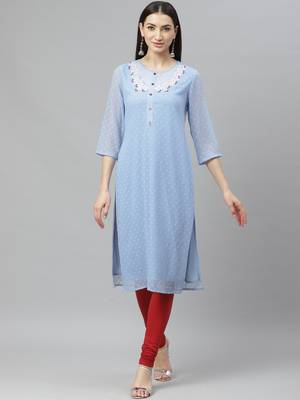 Myshka Women's Blue Dobby Chiffon Printed  3/4 Sleeve Round Neck Casual Kurta 1