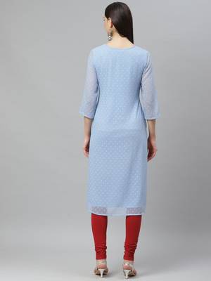 Myshka Women's Blue Dobby Chiffon Printed  3/4 Sleeve Round Neck Casual Kurta 2