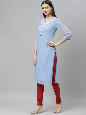 Myshka Women's Blue Dobby Chiffon Printed  3/4 Sleeve Round Neck Casual Kurta 3